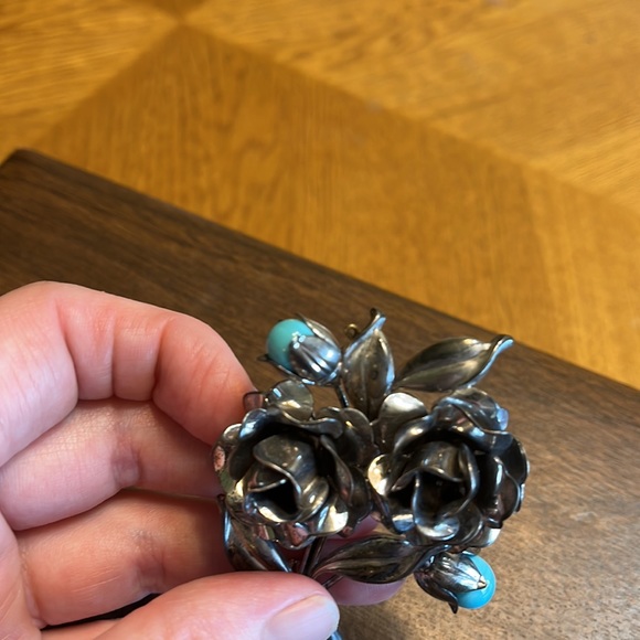 Sterling Silver Rose Brooch with Blue Moonstone Beads - Picture 2 of 3